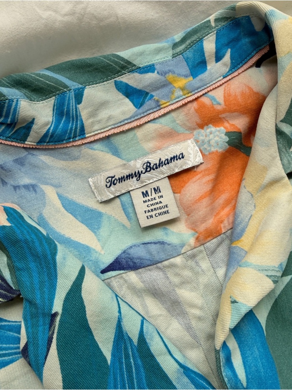 Tommy Bahama Teal & Blue Tropical Floral Camp Shirt with Coral Accents